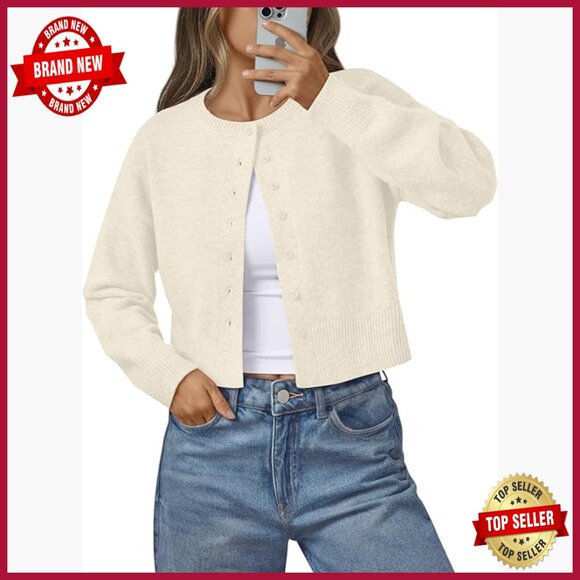 Sweaters - Large Lightweight Cropped Cardigan, Button Front, Ribbed Hem, Versatile Layering